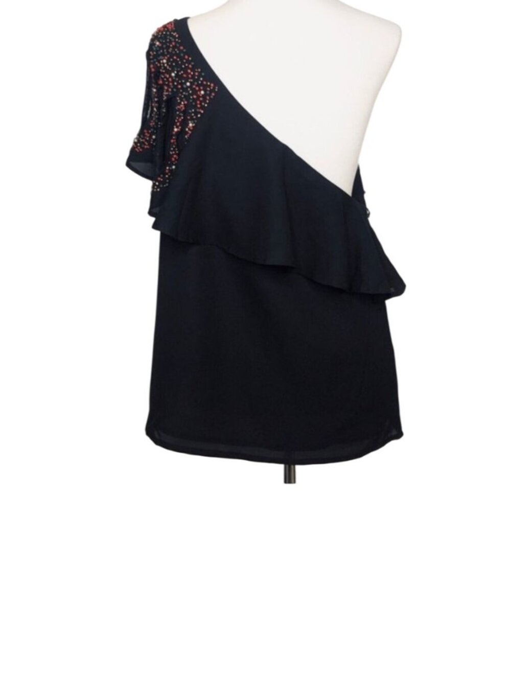 Anthropologie Chloe Oliver Beaded Ruffle Peplum One-Shoulder Black Top Large - Picture 3 of 8